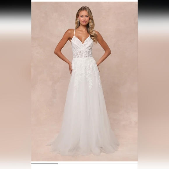 Lulus Dresses & Skirts - 🤍🤍🤍NWOT Lulu's White Lace A-Line Spaghetti Strap Wedding Gown